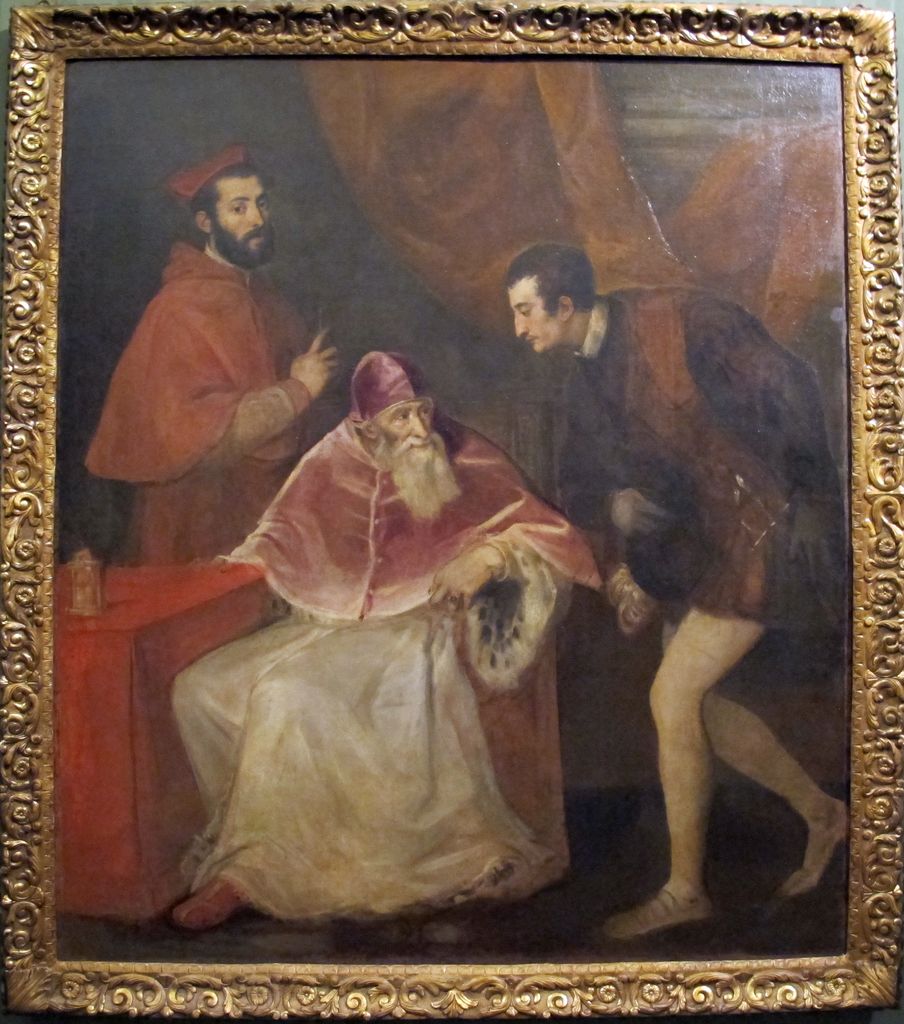 Paul III and Grandsons Full Framed View detail in Portrait of Pope Paul III Cardinal Alessandro Farnese and Duke Ottavio Farnese